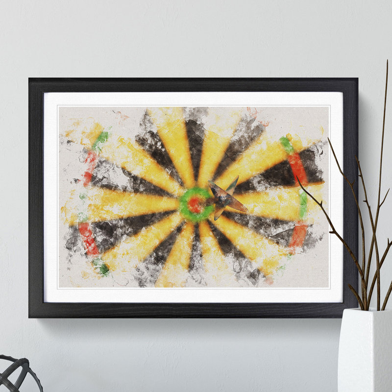 Bulls Eye Dartboard Watercolour - Picture Frame Graphic Art, 65cm H x 90cm W x 2cm D, Black