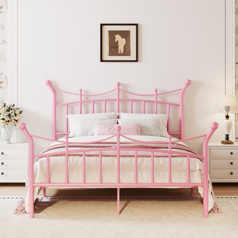 Lit plateforme en métal en forme de couronne de style rétro d'adolescentes de rêve, aucun sommier nécessaire, Lit double