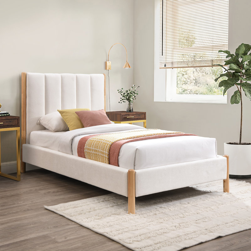 Upholstered Platform Bed, Twin, Cream Polyester Fabric