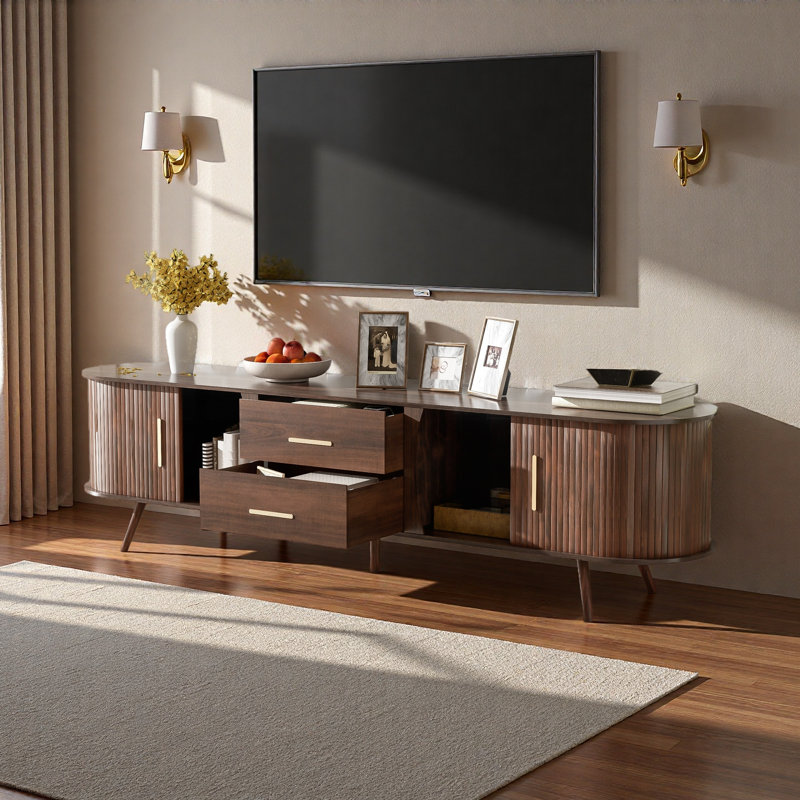 Mid-Century Modern TV Stand For 80" TV, Entertainment Center With Storage For Living Room, Bedroom, Media Console Table With 2 Drawers
