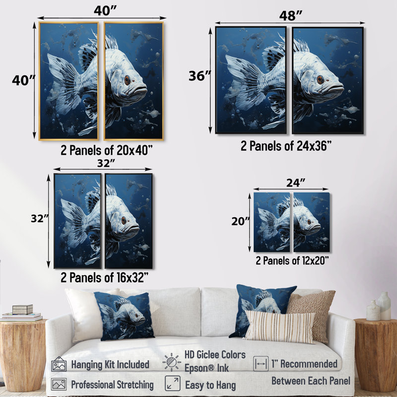 Poisson dans le bleu profond II - impressions sur toile traditionnelles bleues, 32" H x 32" W, Black