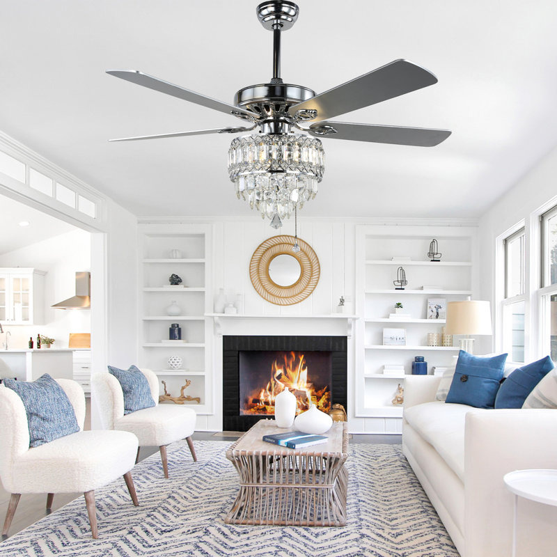 Ventilateur de plafond 52 po à 5 pales en cristal avec lumière et télécommande, 6 vitesses, moteur CC réversible, minuterie