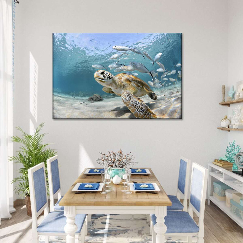 Curacao, poisson et tortue sur toile, H 45 po x l 30 po x P 1,25 po