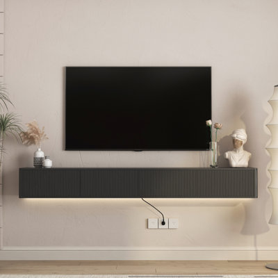 Meuble télé flottant avec lumières DEL et accessoires électriques, tablette murale, armoire haute brillance pour le salon, DEL 16 couleurs, 4 effets clignotants, 3 standards, 2 ports, espaces de rangement ouverts, noir