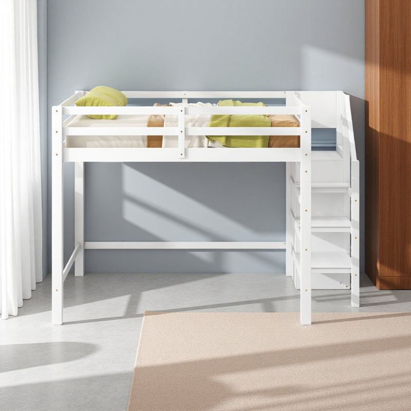 Lit mezzanine double avec garde-robe et escalier de rangement intégrés, Blanc