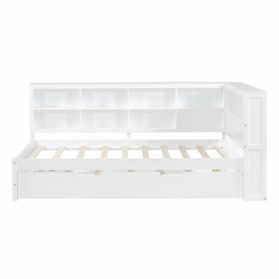 Wooden DayBed with Trundle, Storage Shelf & USB Charging Ports – Solid Pine & MDF, Grey/White, No Box Spring Needed