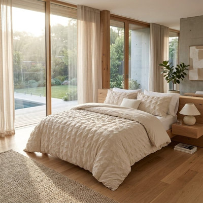 King Seersucker Duvet Cover Set - Beige Textured Comfort