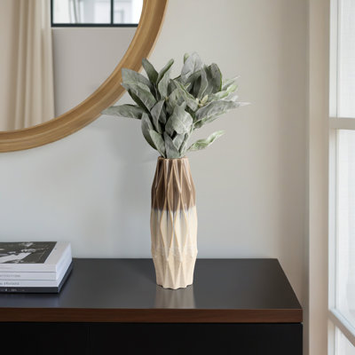 Modern Faceted Ceramic Table Vase for Tabletops - Decorative Tall Flower Vase for Consoles, Entryway, or Home Decor - Ivory & Brown