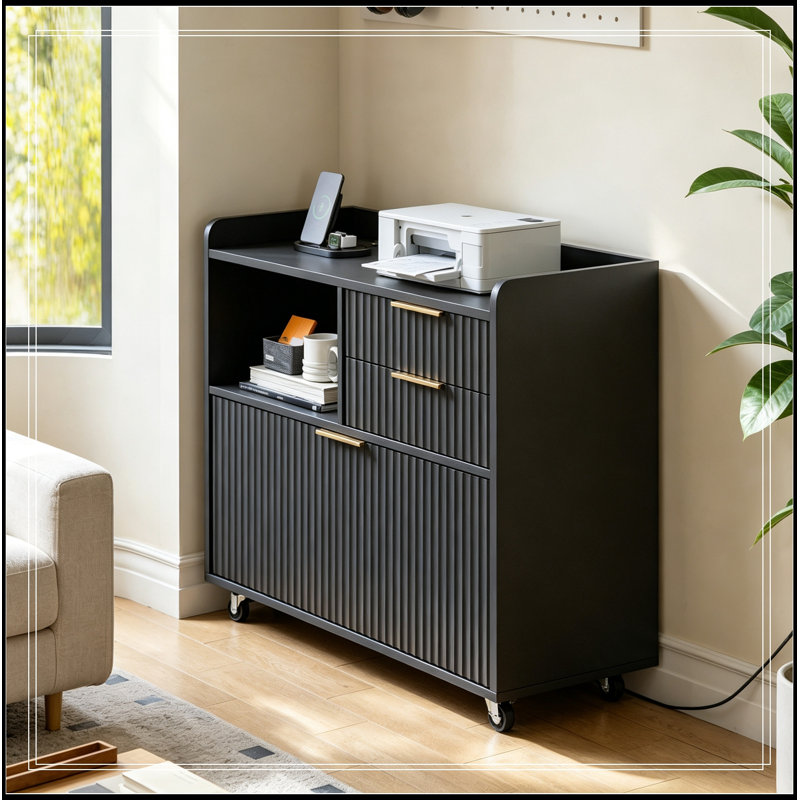 Classeur de bureau avec station de charge et tiroirs multiples, Black