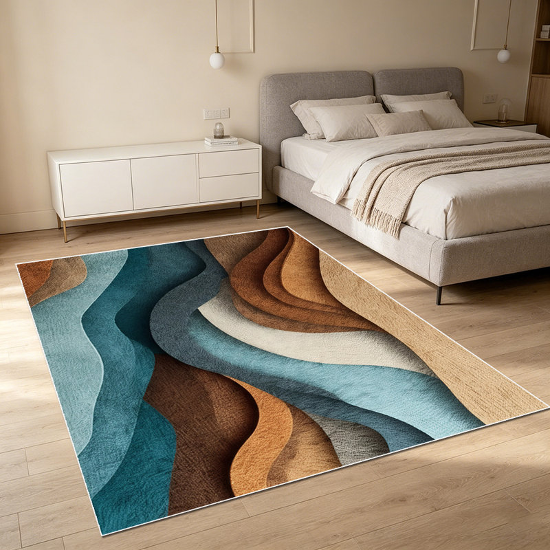 1PC Abstract Wavy Layered Terracotta Teal Neutral Modern area rugs for Living Room, Soft and Comfortable, easy-to-maintain, machine washable Indoor floor mat suitable for dining table area, bedroom, entryway, kitchen, home office, patio porch.