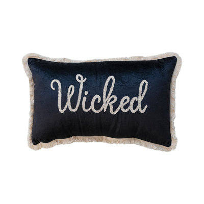 Cotton Velvet Lumbar Pillow W/ Embroidery & Fringe "Wicked"