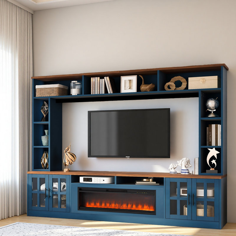 95.5" W Wall Unit Entertainment Center With Bookshelves For Tvs Up To 80", Modern TV Stand Media Console With Electric Fireplace Cabinets, And Adjustable Shelves For Living Room