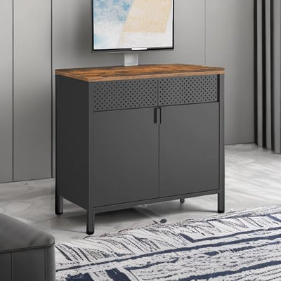 Metal Storage Cabinet Sideboard With 2 Doors & Adjustable Shelf, Rustic Brown/Black