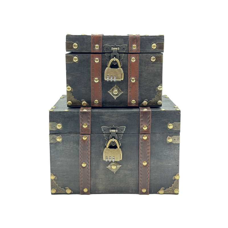 Grey Wooden Treasure Box Set with Lock