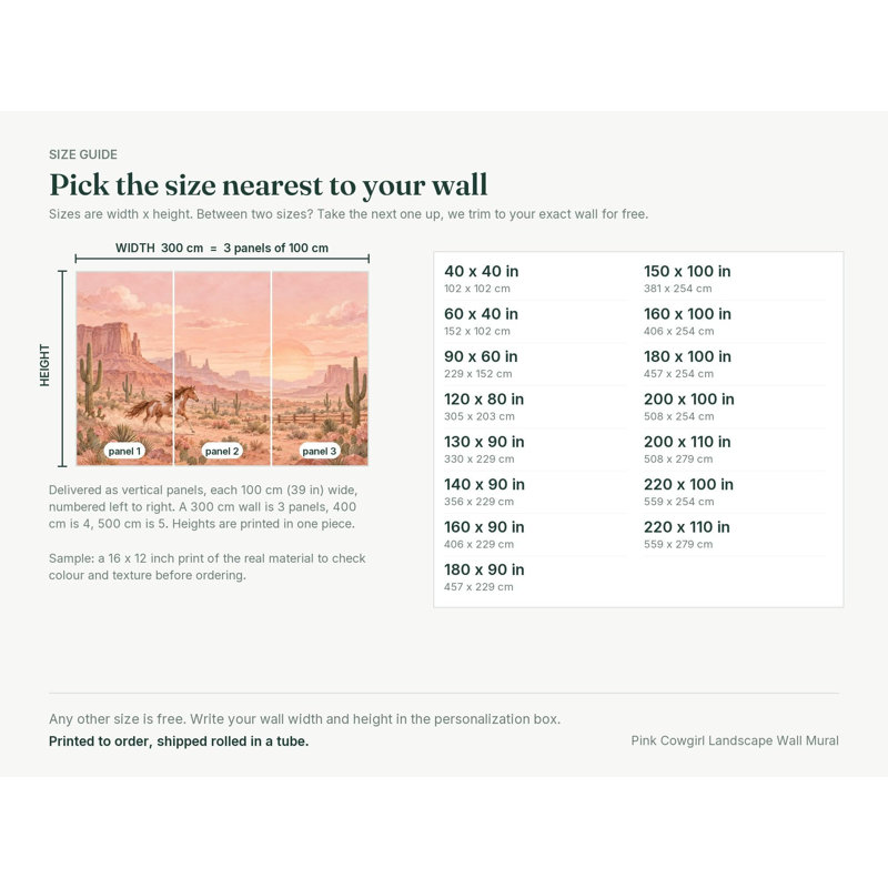 Pink Cowgirl Landscape Wallpaper Mural, Peel and Stick Kids Room Wall Mural, Watercolor Nursery Wallpaper Made to Measure