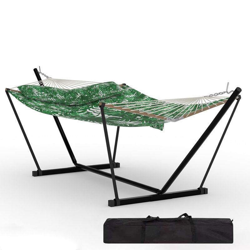 Double Hammock with Stand – Heavy Duty Garden Hammock with Quilted Net, Detachable Pillow & Storage Bag, 204kg Weight Capacity, Portable for Camping, Patio, Pool - B