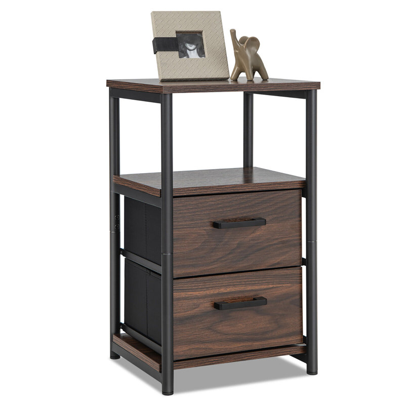 Walnut and Black 2-Drawer Nightstand with Open Shelf