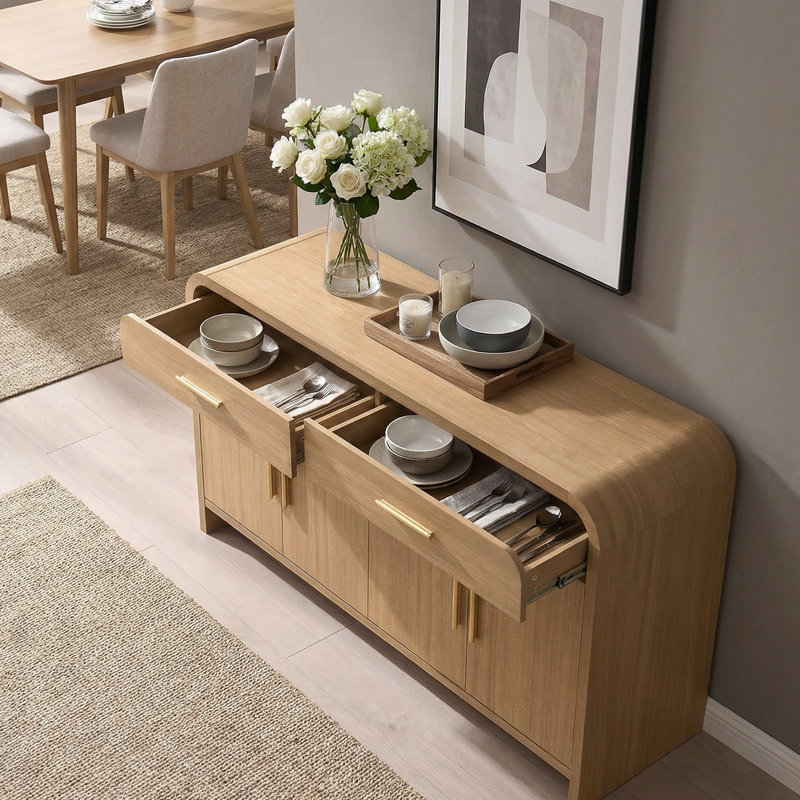 Modern 2-Drawer Arched Cabinet: 3-In-1 Media Console, Sideboard & Dresser, Oak