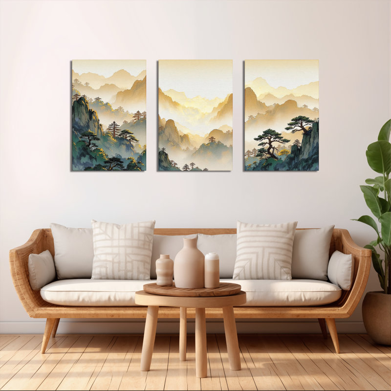 Tableau traditionnel chinois de paysage sur toile tendue (ensemble de 3), H 18 po x l 36 po