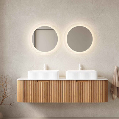60" Bathroom Vanity with Sink, Wall-Mounted Curved Edges Striped Bathroom Storage Cabinet with 2 Drawers, 2 White Rectangular Ceramic Basins, No Faucet, Pre-assembled