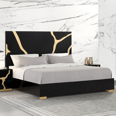 Wooden Bed With Gold-Accented Legs In Black