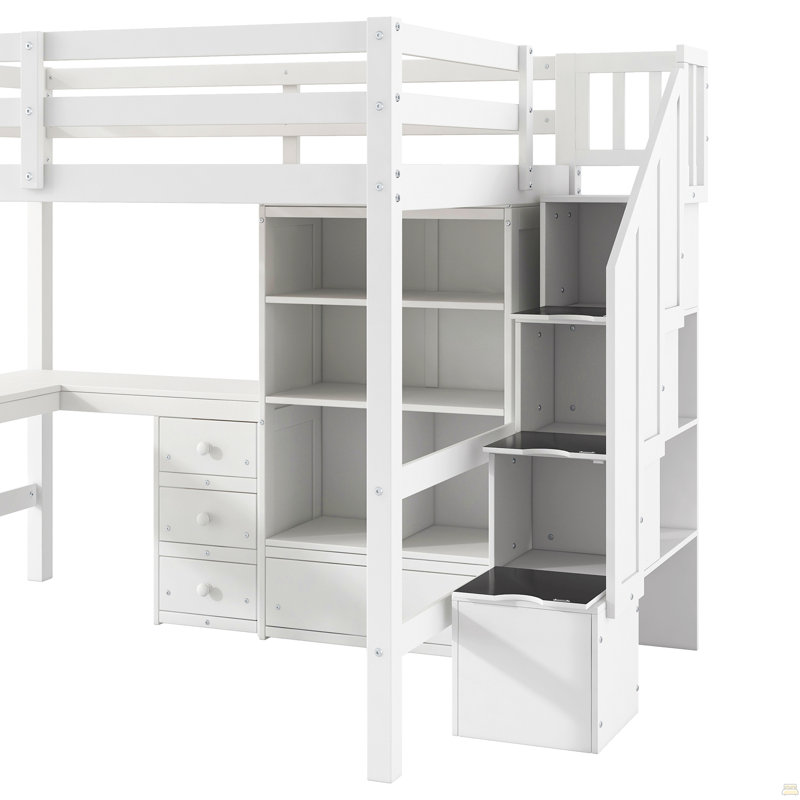 Lit mezzanine double avec bureau en L et tiroirs, armoire et escalier de rangement, Blanc