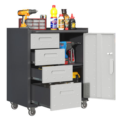 Metal Garage Tool Cabinet - Office, Home, Organizer. 360 Lockable Wheels, Raised Top. 4 Side Drawers, Storage. Black/Gray Storage With Wheels Garage, Home. Top, Area. .