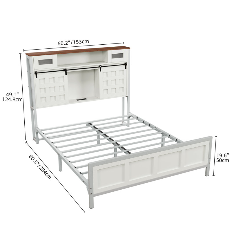 Farmhouse Platform Storage Bed with Bookcase Headboard and LED Lights, Queen, Walnut/White