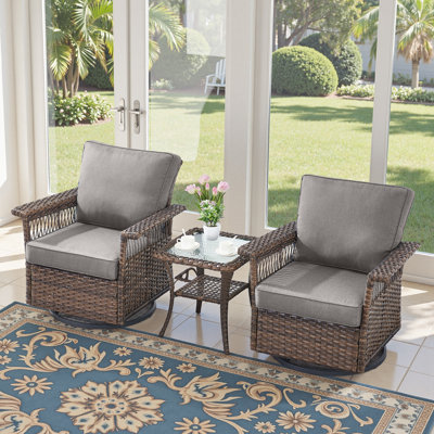 Anferney 3 Piece Outdoor Wicker Swivel Chair Set With Glass-Top Side Table