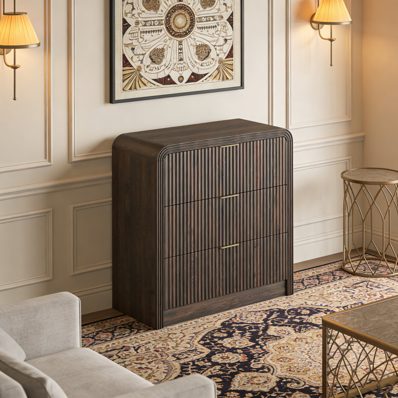 Fluted 3 Drawers Dresser, 31.5" Wide Modern Chest Of Drawers With Round Edge & Metal Handle, Wood Storage Organizer For Bedroom/Living Room/Entryway Walnut