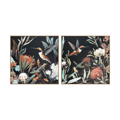 «Bloom & Flutter Birds On», ensemble d'art mural botanique encadré