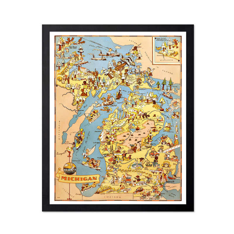 Carte illustrée du Michigan n ° 1, Cadre noir, Affiche, H 12 po x l 16 po