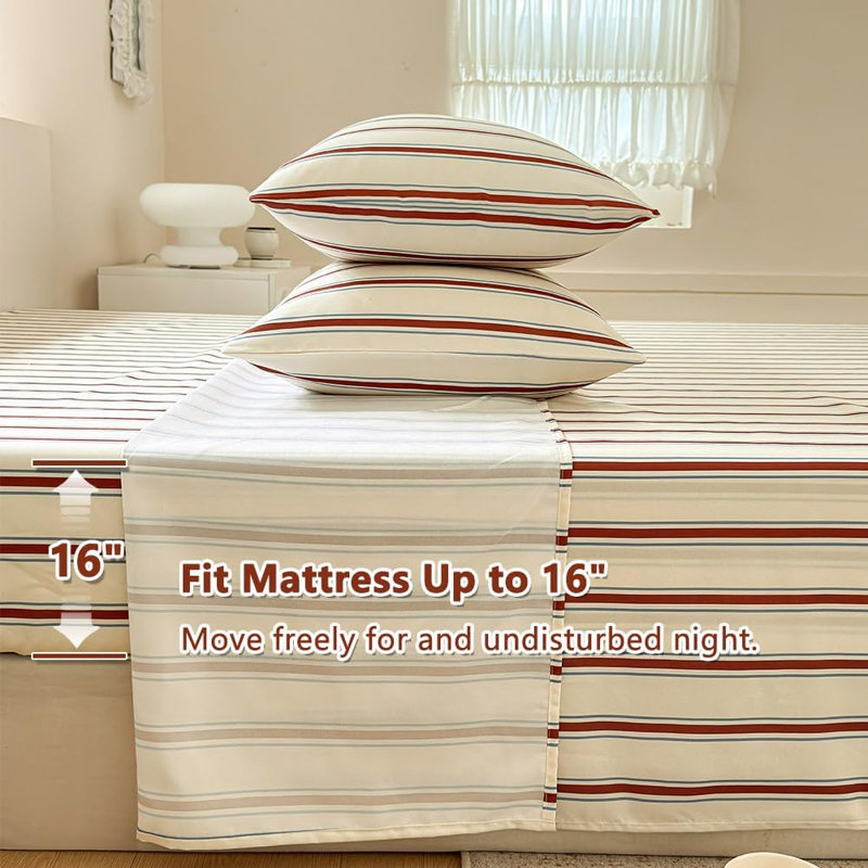 Draps en percale rayée, draps de lit en microfibre douce prélavée à fines rayures, ensemble de draps de style ferme avec poches profondes