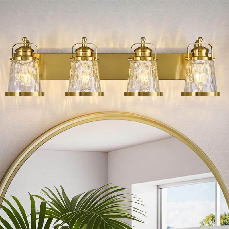 Luminaire de meuble-lavabo industriel moderne avec finition dorée et abat-jour en verre ondulé, luminaire câblé pour un éclairage doux et élégant
