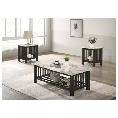 Contemporary 3pc Occasional Table Set Faux Marble Top Antique Walnut 1x Coffee Table 2x End Tables Open Storage Living Room