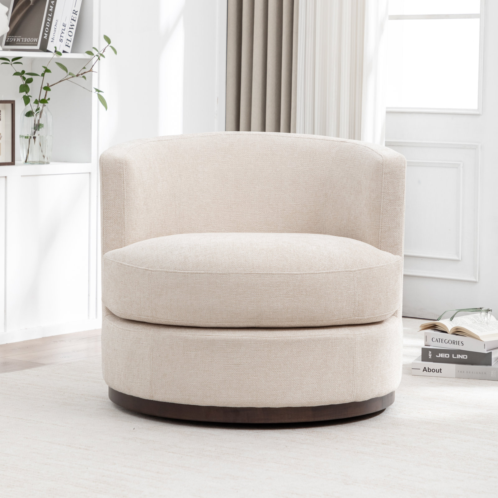 Arabella Swivel Barrel Chair, Chalk Linen Performance Chenille