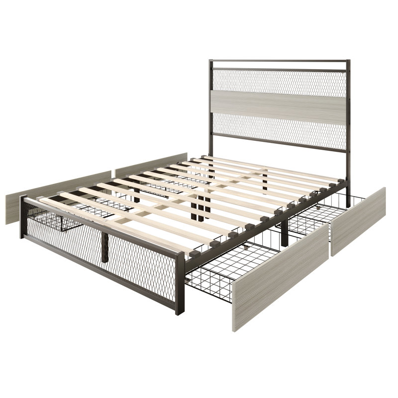 Lit plateforme double en métal avec rangement brun, Très grand, Gris clair
