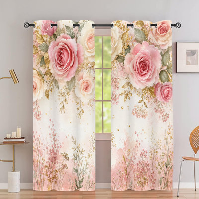 2 rideaux occultants avec œillets, rideaux à imprimé floral en polyester à motif d'aquarelle rose, isolation thermique, réduction du bruit, protection de la vie privée, rideaux obscurcissants pour la chambre à coucher
