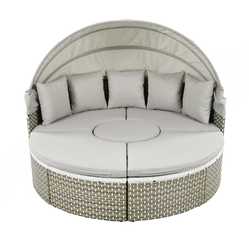 Mobilier de patio, ensemble de canapé modulaire d'extérieur rond, lit de jour en rotin, lit de bronzage à deux tons avec auvent rétractable