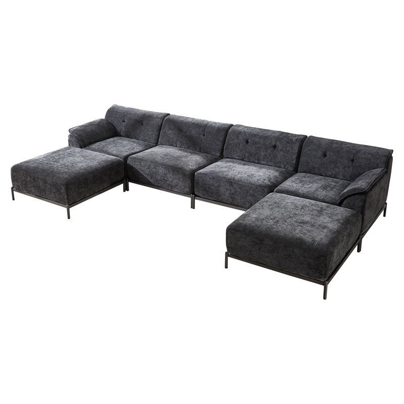 Chenille U-Shaped Modular Sofa with Ottoman for Living Room, Black Chenille