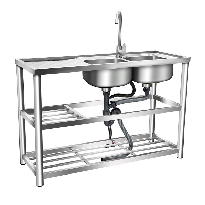 Stainles Steel Double Bowl Kitchen Utility Sink Set & Prep Table