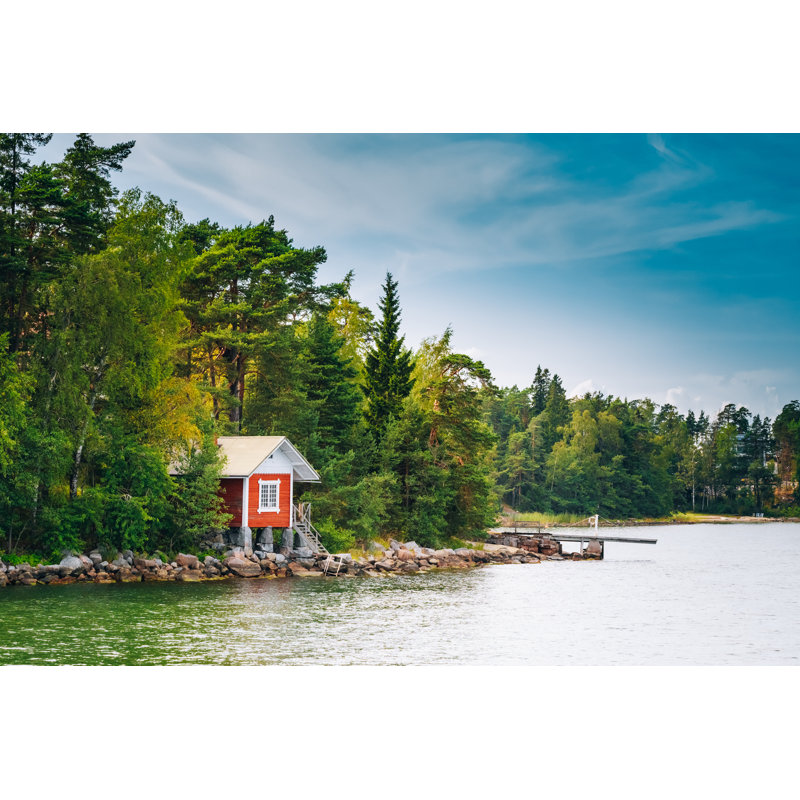 Red Finnish Wooden Bath Sauna Log Cabin In Summer - Wrapped Canvas Print, 20cm H x 30cm W x 3.8cm D