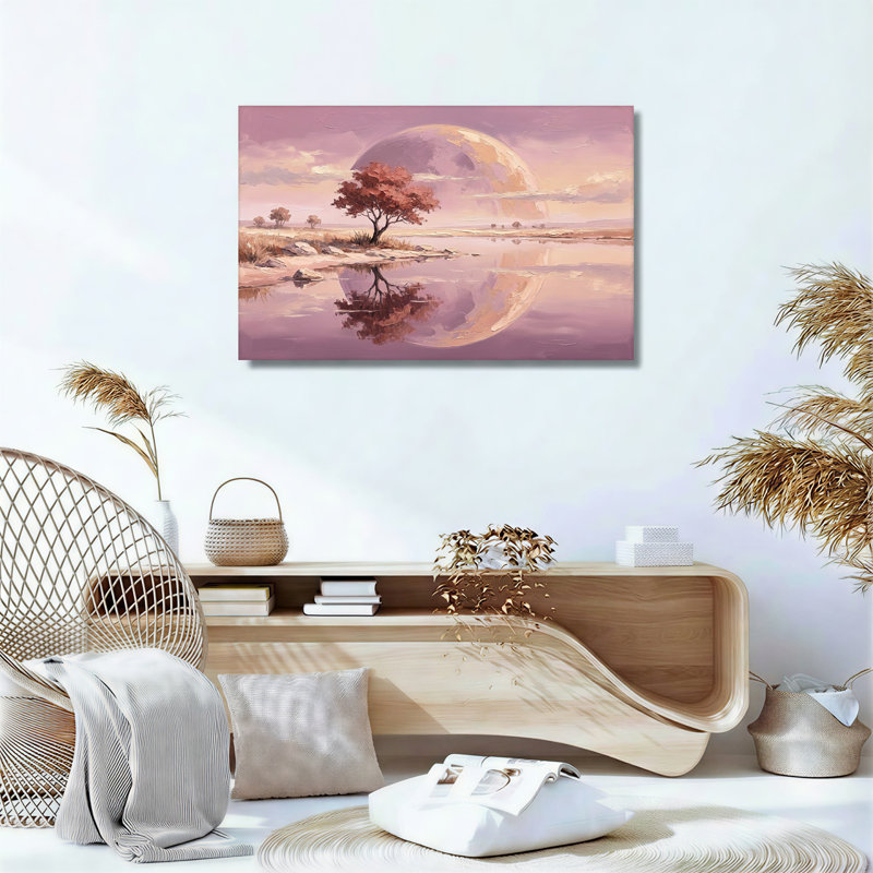 Arbre rouge se reflétant dans une eau violette sous une lune géante - Tableau sur toile, H 12 po x l 18 po