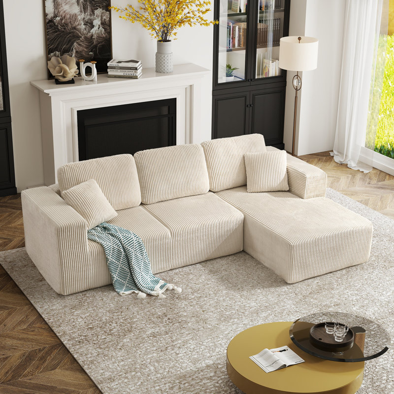 Boneless Modern Overstuffed Compression Corduroy L-Shaped Sectional Sofa With Chaise For Living Room - No Need Assembly