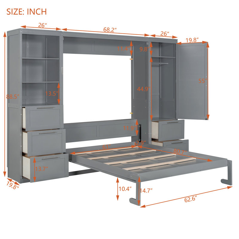 Grand lit escamotable avec 5 tiroirs intégrés, tablettes et garde-robe, gris