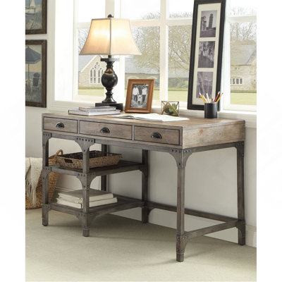 Bureau à 3 tiroirs en chêne vieilli et argent antique