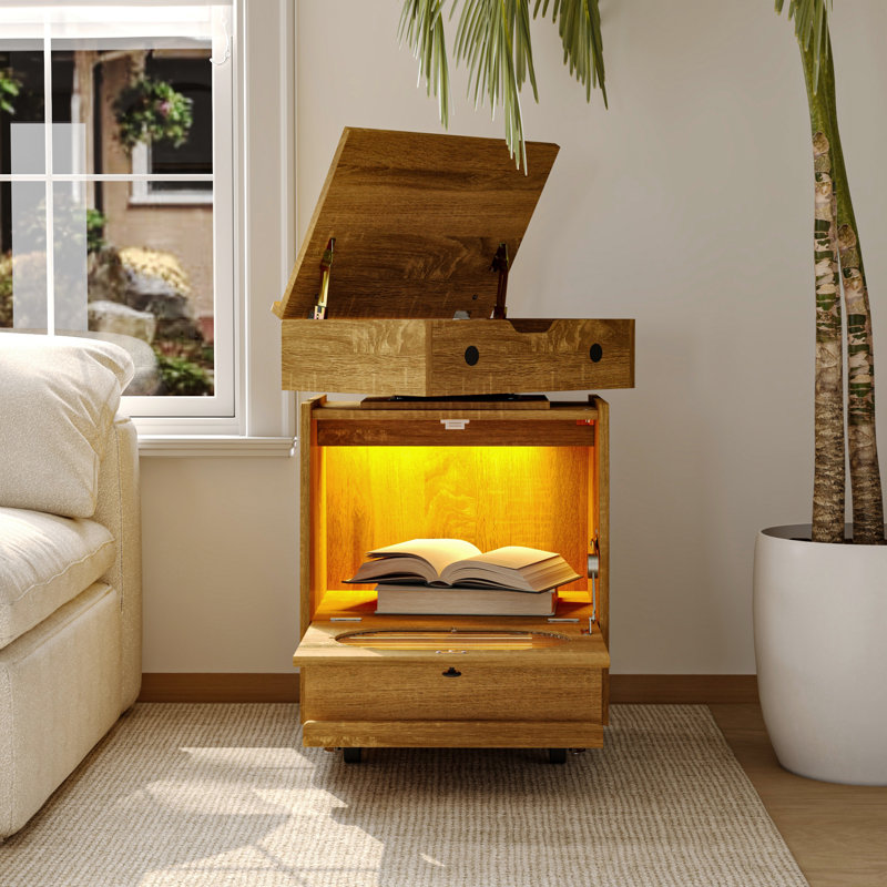 Robot-Shaped Wood End Table - 360° Rotating Storage Chest, 3-Color LED Lights & Lockable Rolling Wheels