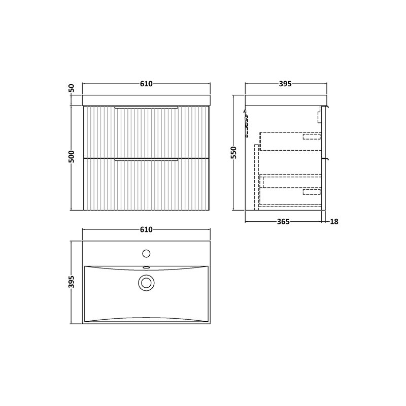 Fluted 610mm Single Bathroom Vanity with Drop In Vitreous China Basin, Satin Grey