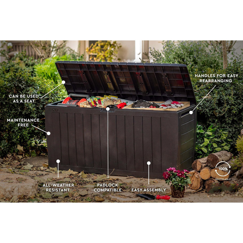 Brown Lockable Plastic Wicker Deck Box with Wheels, 71 Gal