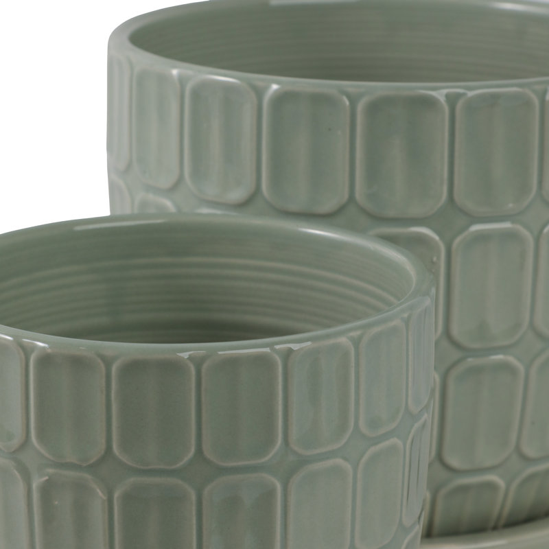  Decorative Ceramic Outdoor Platner With Pattern - Stylish Indoor Flower Pots With Saucer For Patio, Living Room, Or Home Decor - Set Of 2, 8", 6", Green